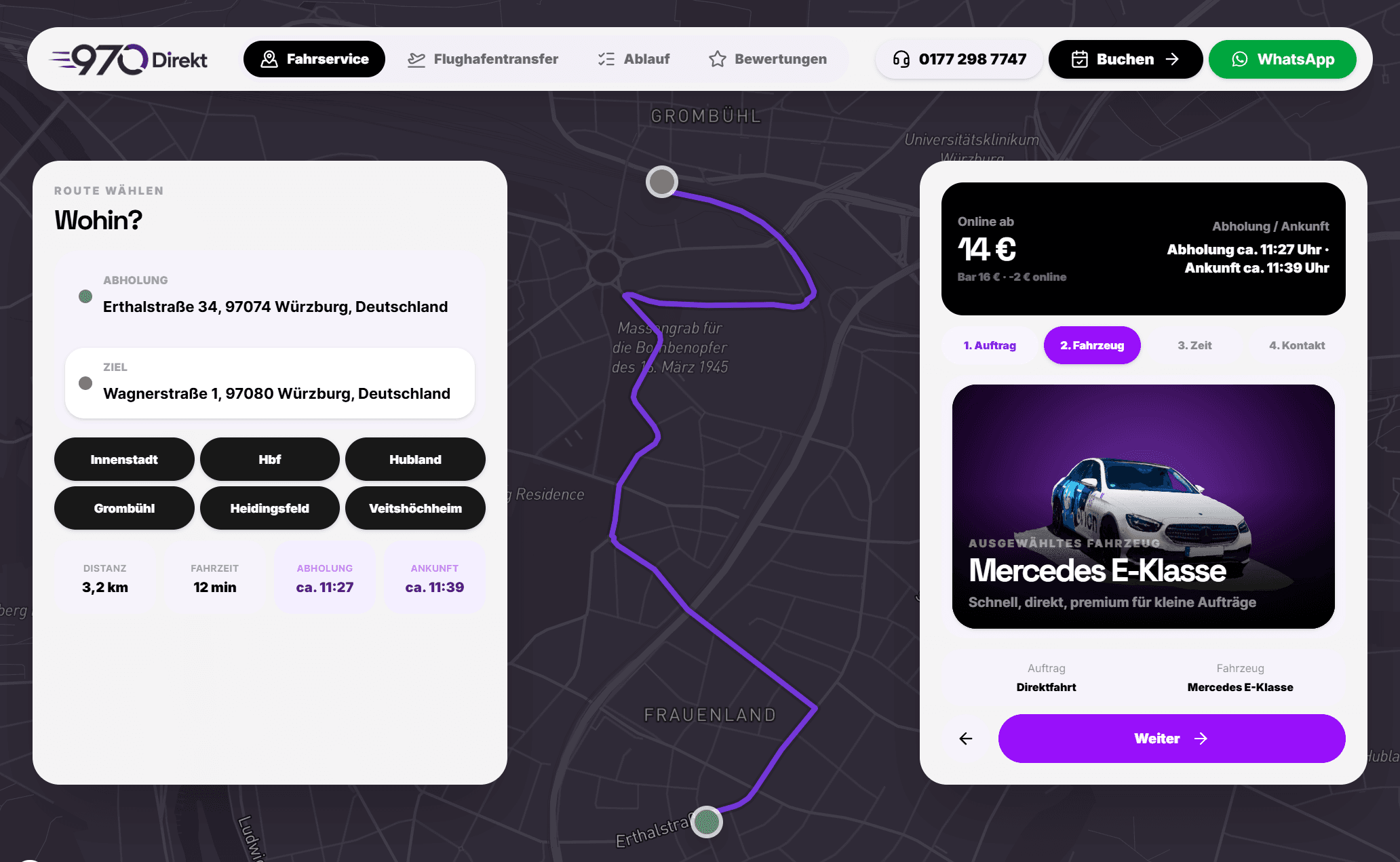 970Direkt booking interface with a map and route view