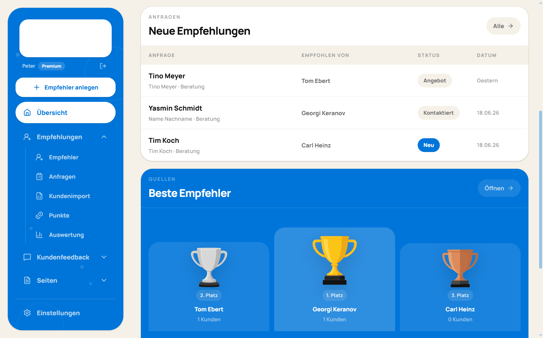 Kundenkreis admin interface with referrals and key metrics